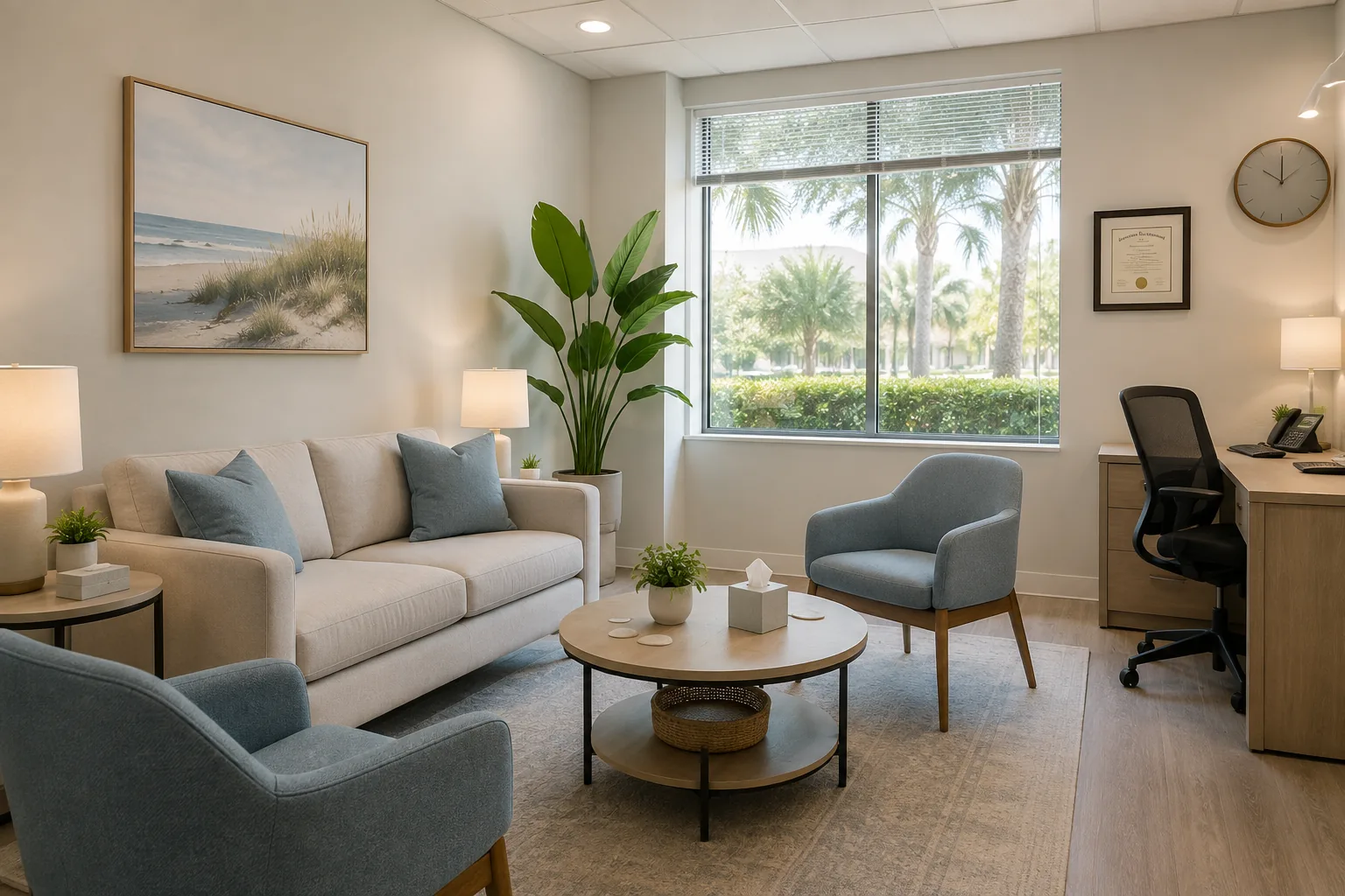 A calm room with a sofa, armchairs and a desk beside a sunlit window