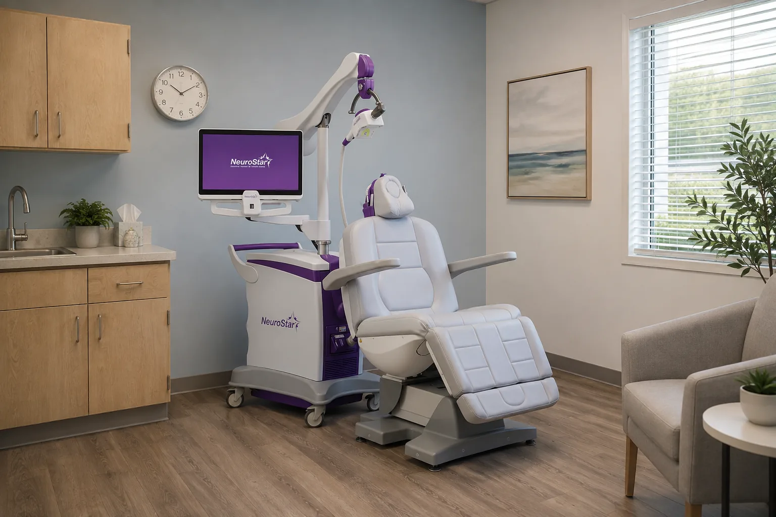 A TMS treatment chair beside a sunlit window